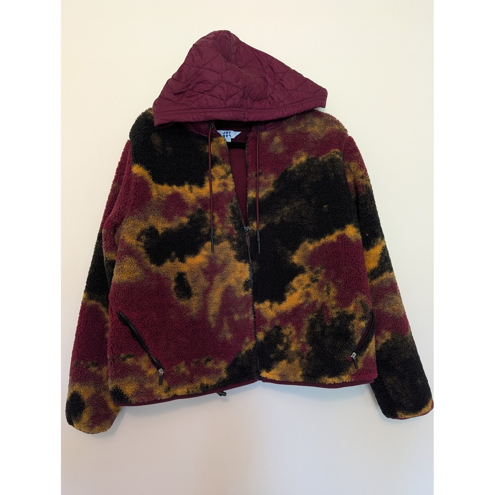 JoyLab Tie Dye Sherpa Fleece Full Zip Hooded Jacket Maroon Gold Women Size L